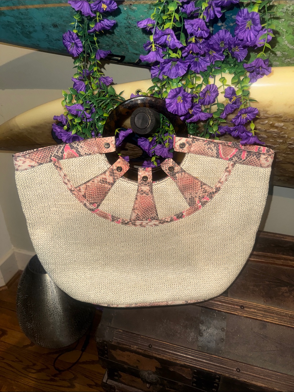 Rare Elaine Turner Neutral Woven Tote With Pink Snake-Print Trim